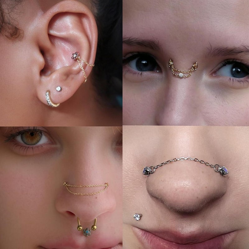 AccGin Store 20G Nose Rings Studs with Chain Piercing Across Double Nose Stud Nose Hoop Spike Heart Ball CZ Surgical Steel Nostril Piercing Jewelry for Women Men, Black Silver Gold - Image 4